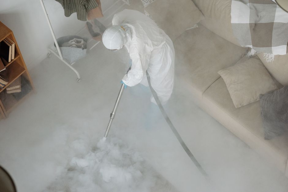 A professional cleaner from carpetcleaningsucks.co.uk wearing a white protective suit and mask is using a steam cleaning machine on a light-colored carpet in a residential living room. The room featur