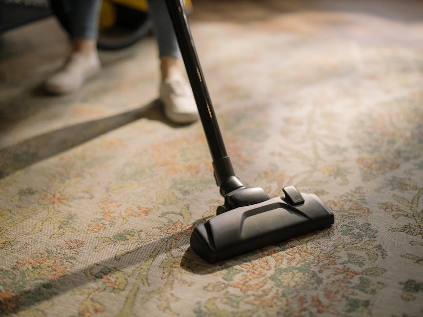 Close-up image of a person using a handheld vacuum cleaner to clean an ornate, patterned carpet in a well-lit room. The dark-colored vacuum head is positioned on the carpet with a slightly extended ha