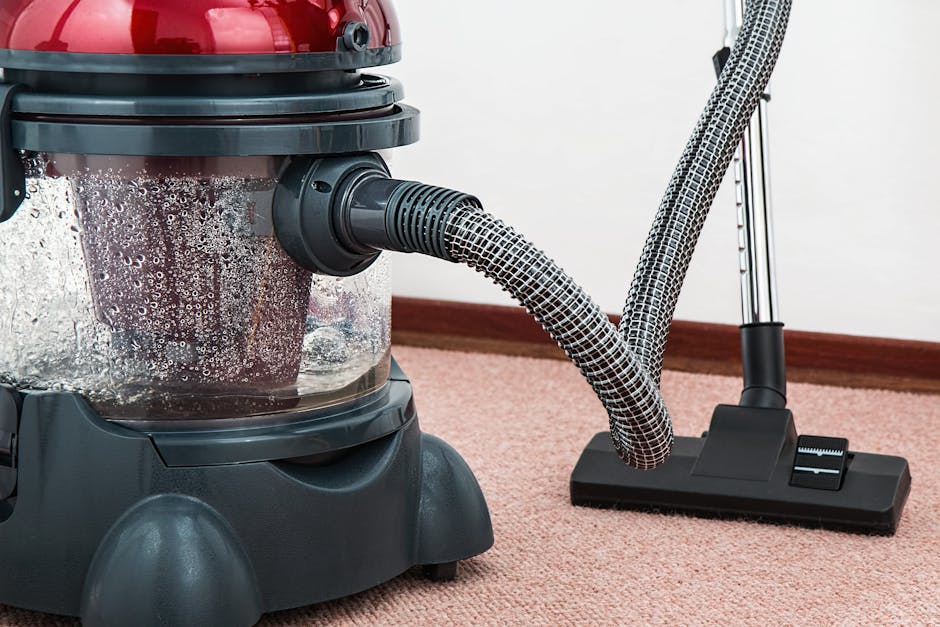 Close-up image of a person using a handheld vacuum cleaner to clean an ornate, patterned carpet in a well-lit room. The dark-colored vacuum head is positioned on the carpet with a slightly extended ha